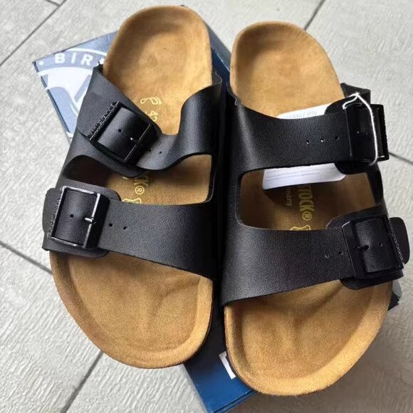 Birkenstock Arizona Sandals – Black Leather, Suede Footbed - Picture 1 of 5